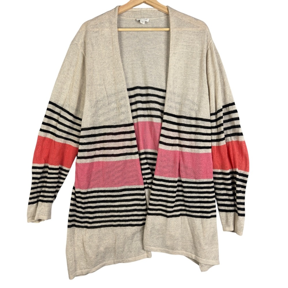J. Jill Cream Open Cardigan with Black Stripes and Pink-Coral Panels